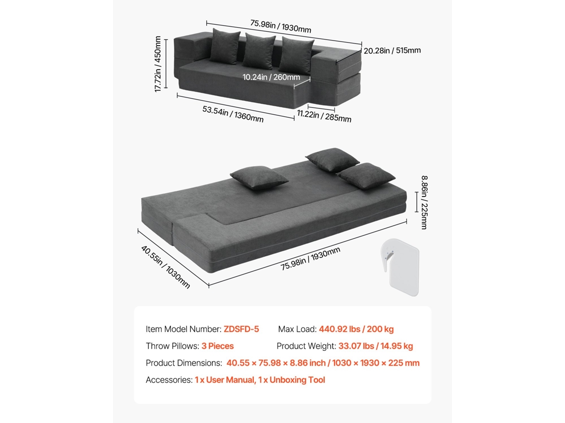 Vevor Sofá-cama Dobrável 3 Em 1 1030 X 1930 X 225 Mm Com 3 Almofadas Cinza Escuro
