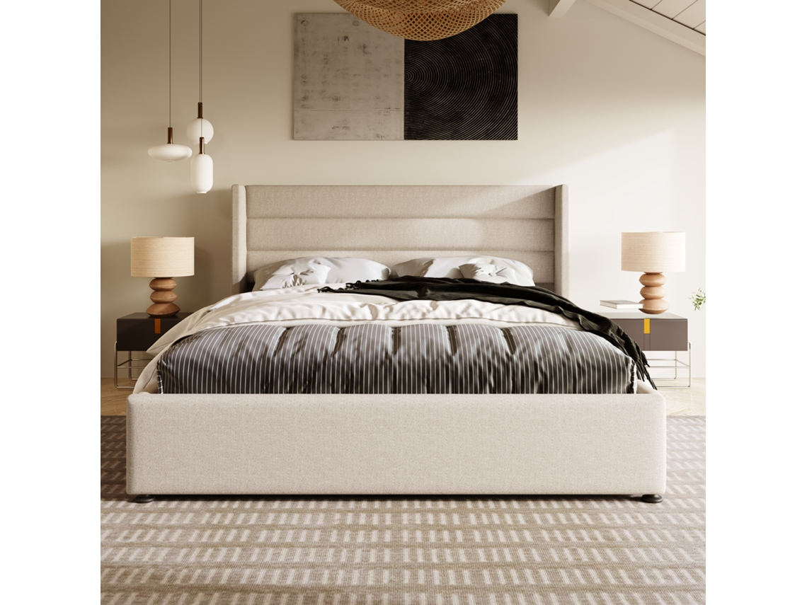 Cama De Arrumação Cama Estofada Cama De Casal Hidráulica 140x200cm, Incluindo Colchão, Cama Com Estrutura De Metal Ripada Moldura, Roupa De Cama, Bege