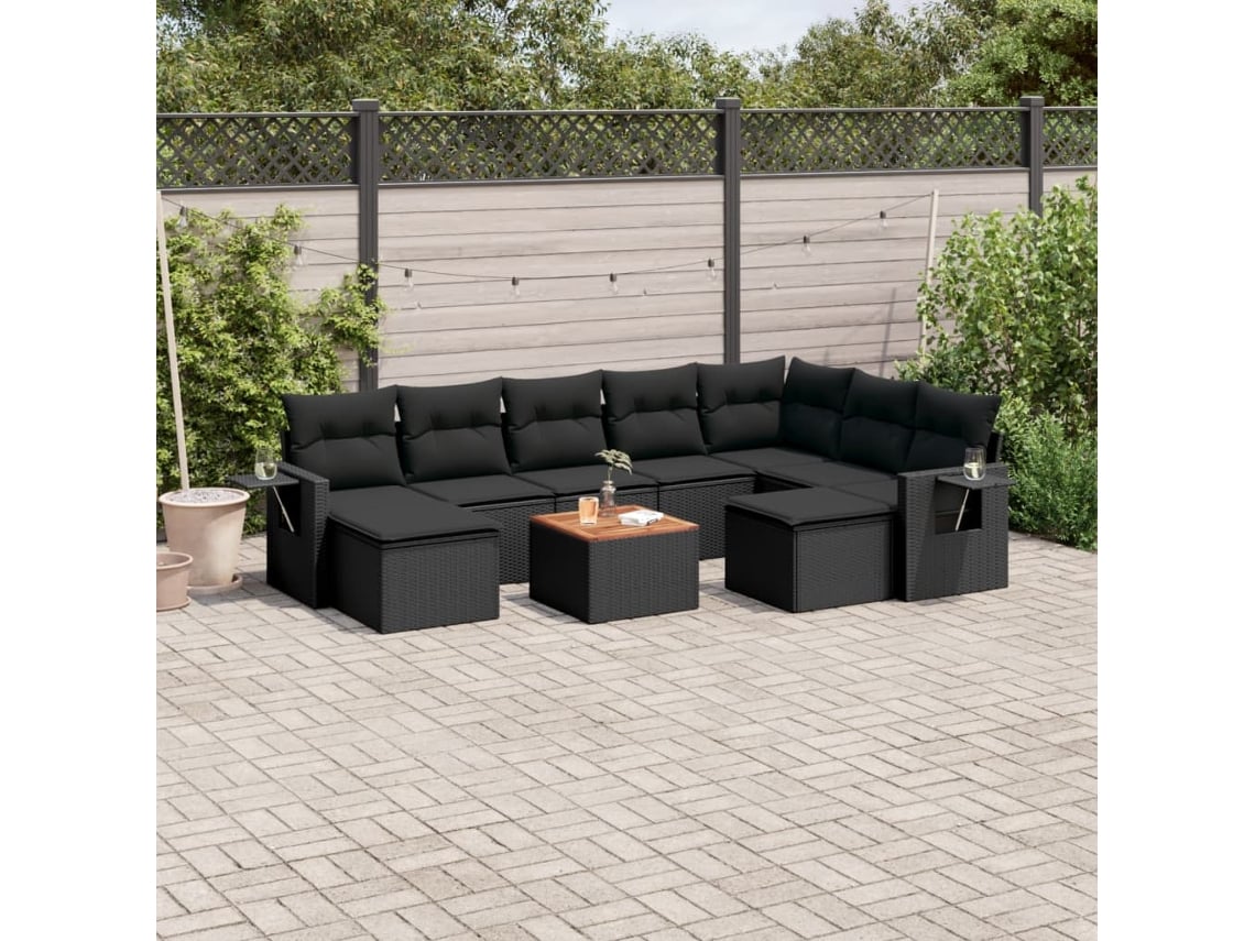 Conjunto 10 sofás de jardim c/ almofadões VIDAXL vime PE preto