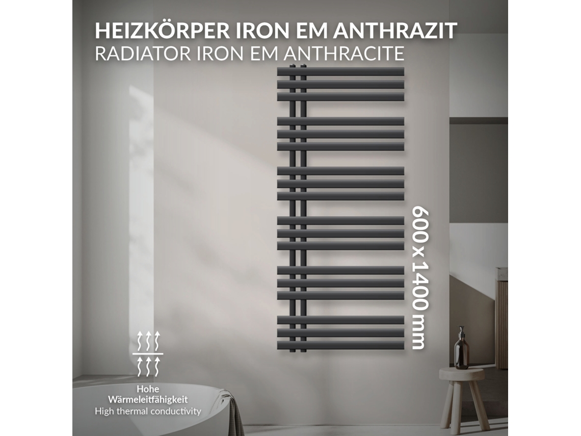 Radiador De Casa De Banho Ferro Em 600x1400 Mm Antracite Luxebath