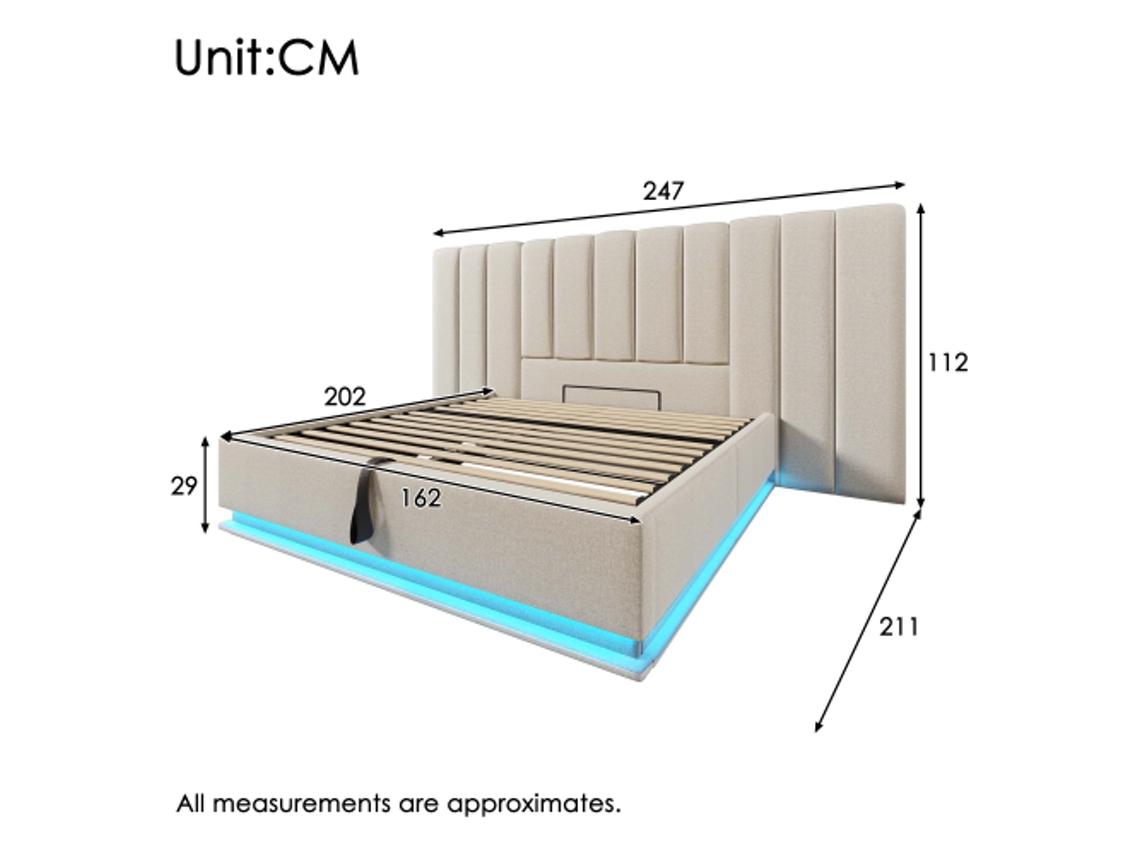 Cama Estofada 160×200, Cama De Casal Com Arrumação E Controlo Por Aplicação Led E Função De Carregamento Usb-c, Estrutura De Cama Com Estrado De Ri