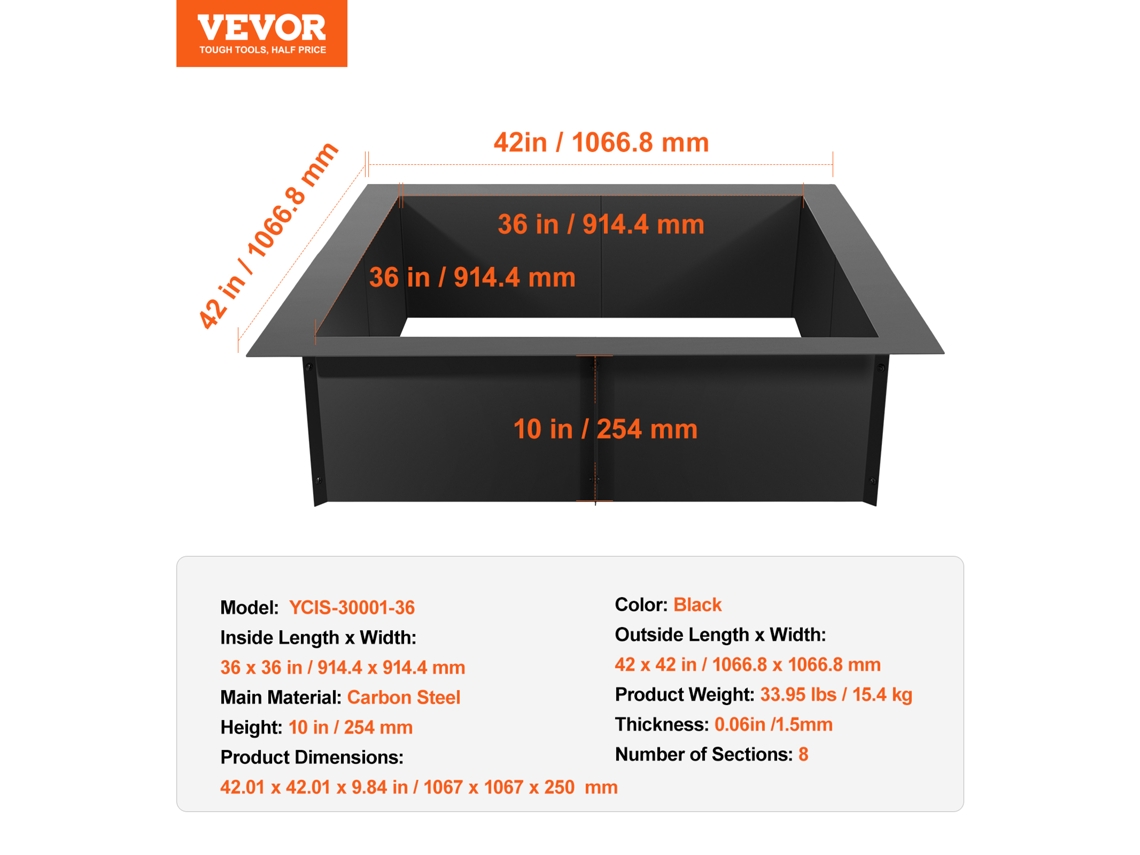 VEVOR Fire Pit Ring Square 42X42 In Outer Steel Liner Diy Campfire Ring Firepit