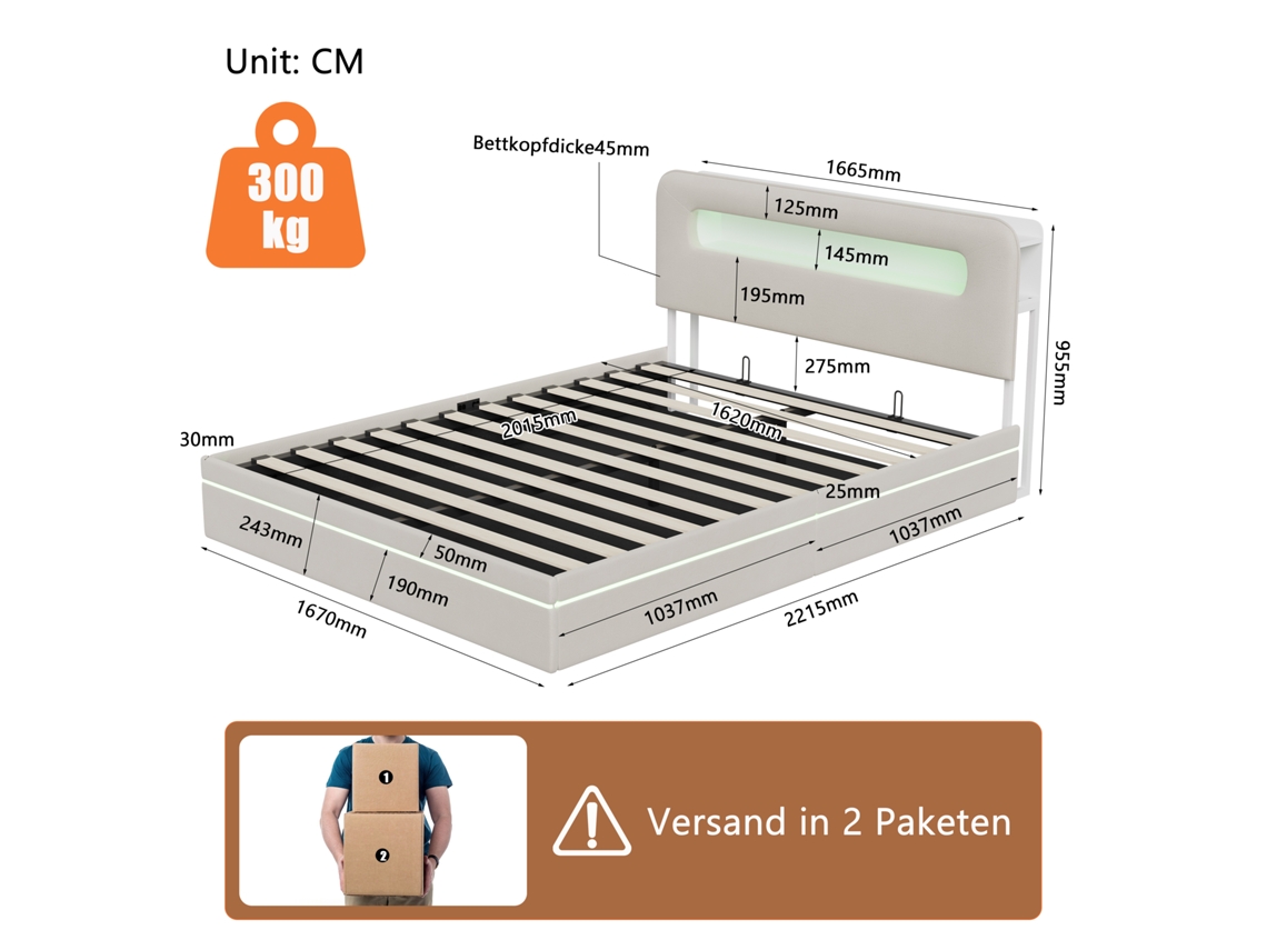 Cama Estofada 160 X 200 Cm Com Espaço De Arrumação, Cama De Casal Com Led, Com Arrumação E Cabeceira, Estrutura De Com Base De Ripas, Veludo