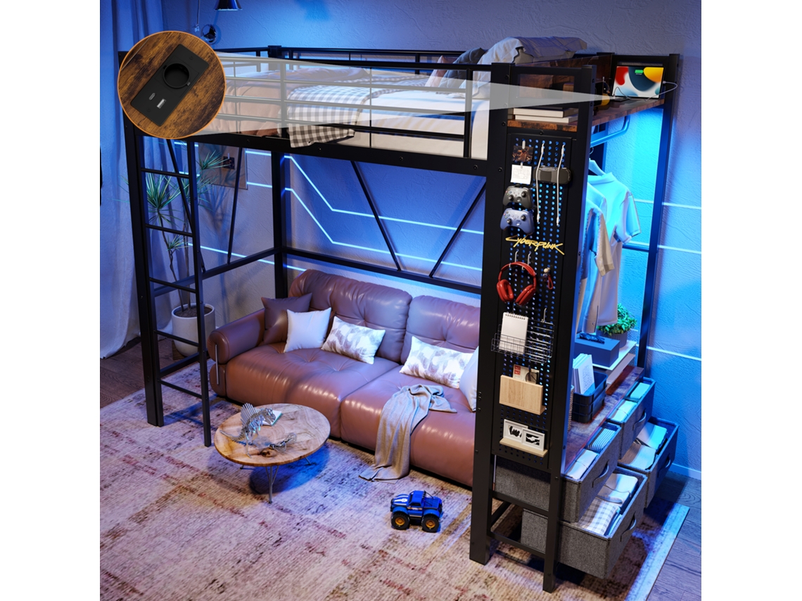 Cama Alta 90 X 200 Cm, Metal, Com Led, Suporte Para Computador, 4 Gavetas, Usb Type C, Escada, Corrimão, Preto Haochrymec (sem Colchão)