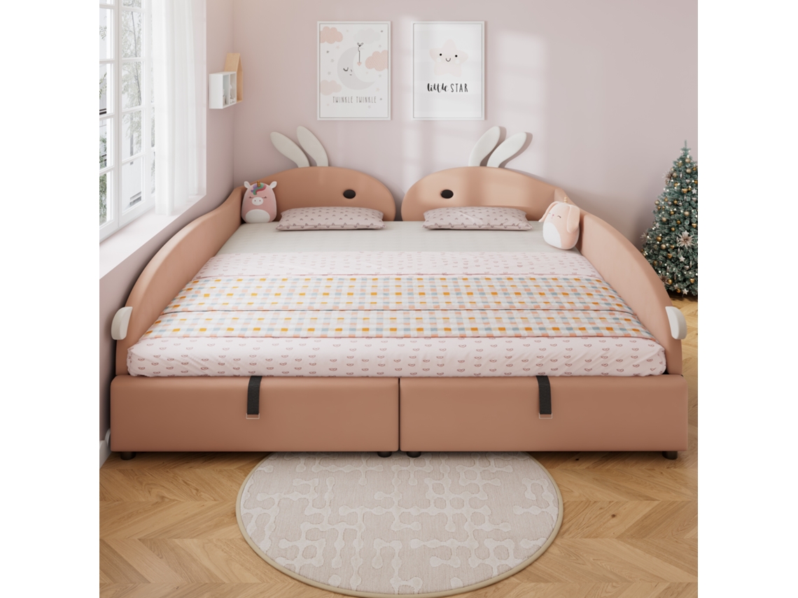 Cama Infantil Estofada Com Cabeceira De Coelhinho, Sistema Hidrã¡ulico Com Armazenamento, Veludo, Rosabranco Haochrymec (205 X 93.5 X 92 Cm)