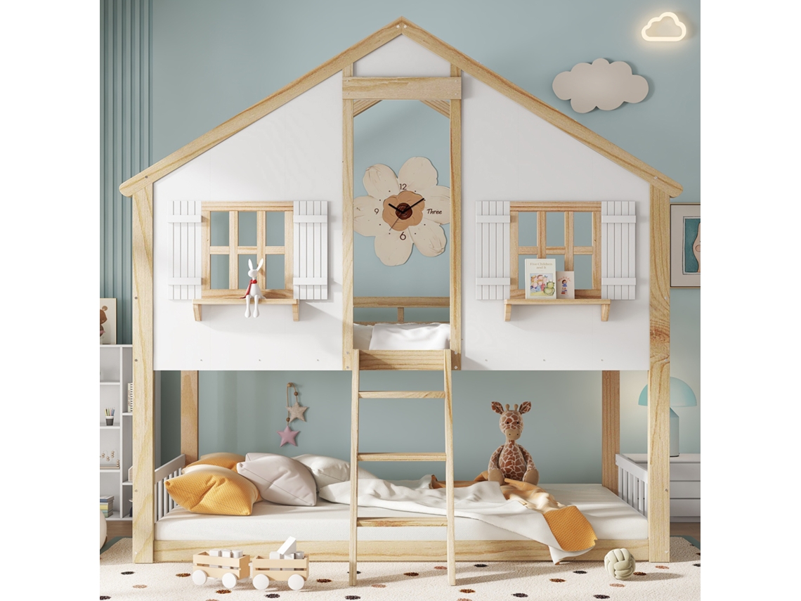 Cama Alta Infantil Com Armazenamento, Janelas E Telhado Decorativo, Madeira Branca Natural Haochrymec (204.5x126.5x217 Cm)