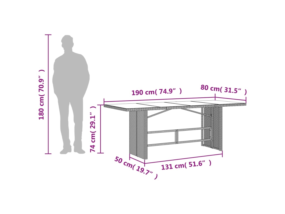 Mesa de Jardim com Tampo de Vidro 190X80X74 Cm Vime Pe Preto PANGSHIYUAN