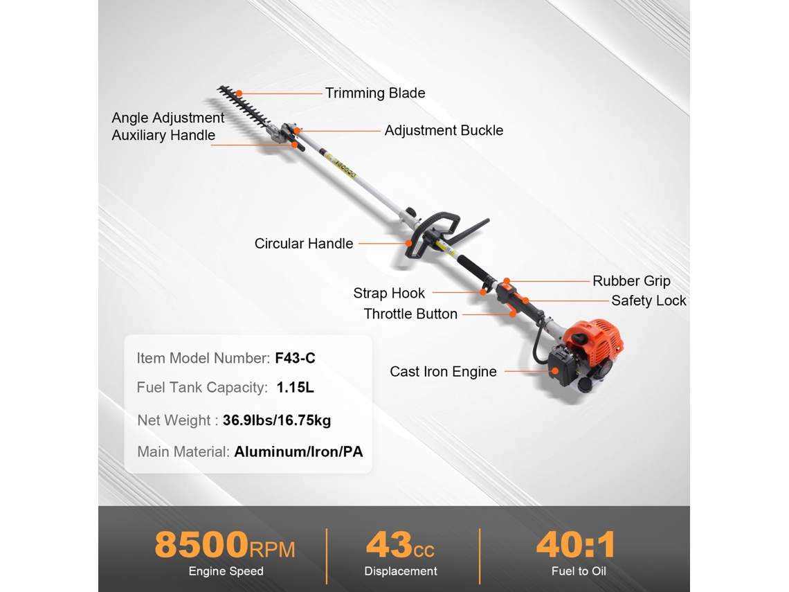 Ferramentas de Corte Multifuncionais VEVOR 6 em 1 Aparador de Sebes a Gás 43Cc Comedor de Ervas Daninhas