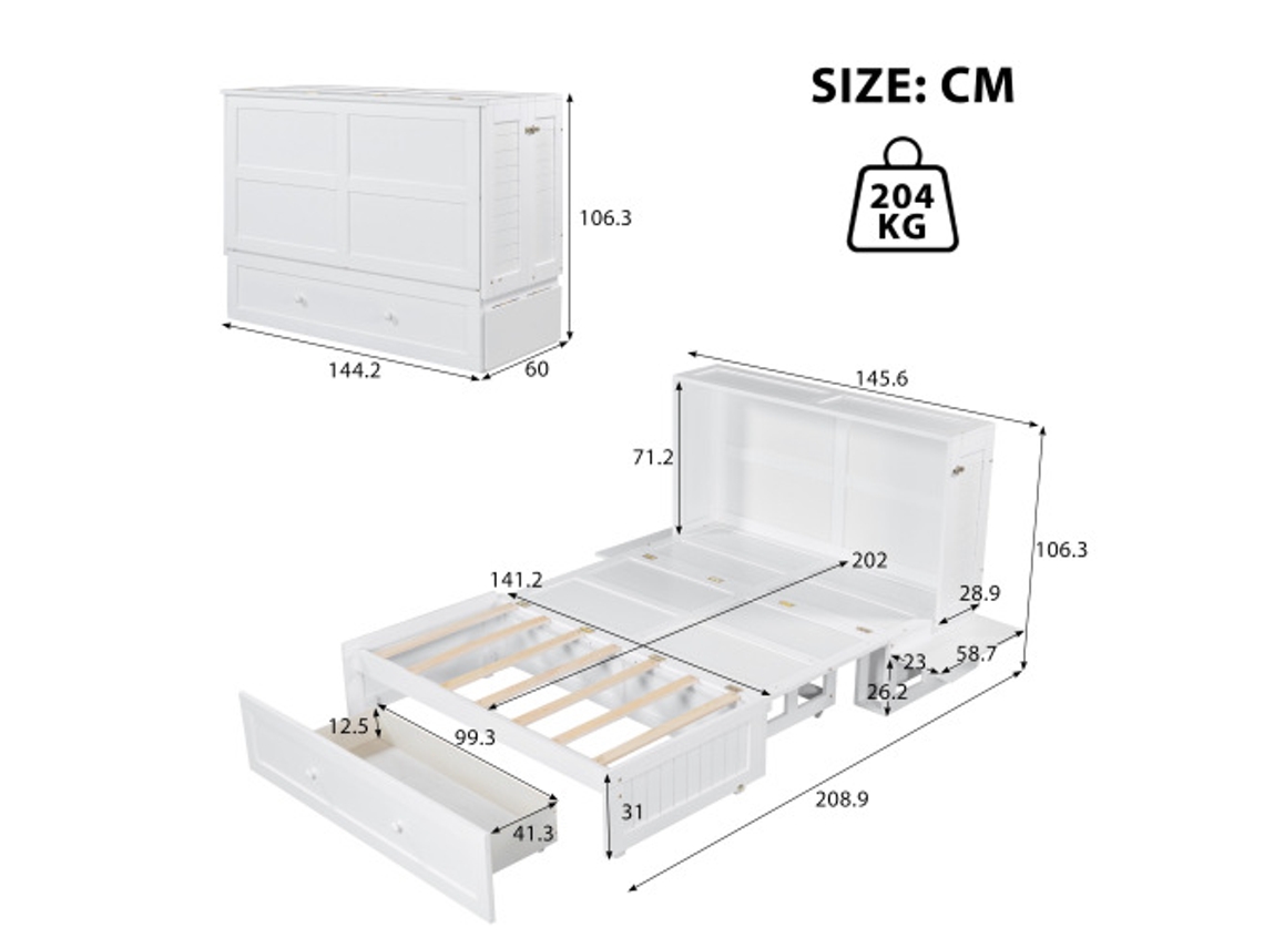 Cama De Parede Móvel 140 X 200 Com Gavetas Na Ponta Da Cama E Uma Pequena Prateleira Na Lateral Da Cama, Camas De Plataforma Conversív