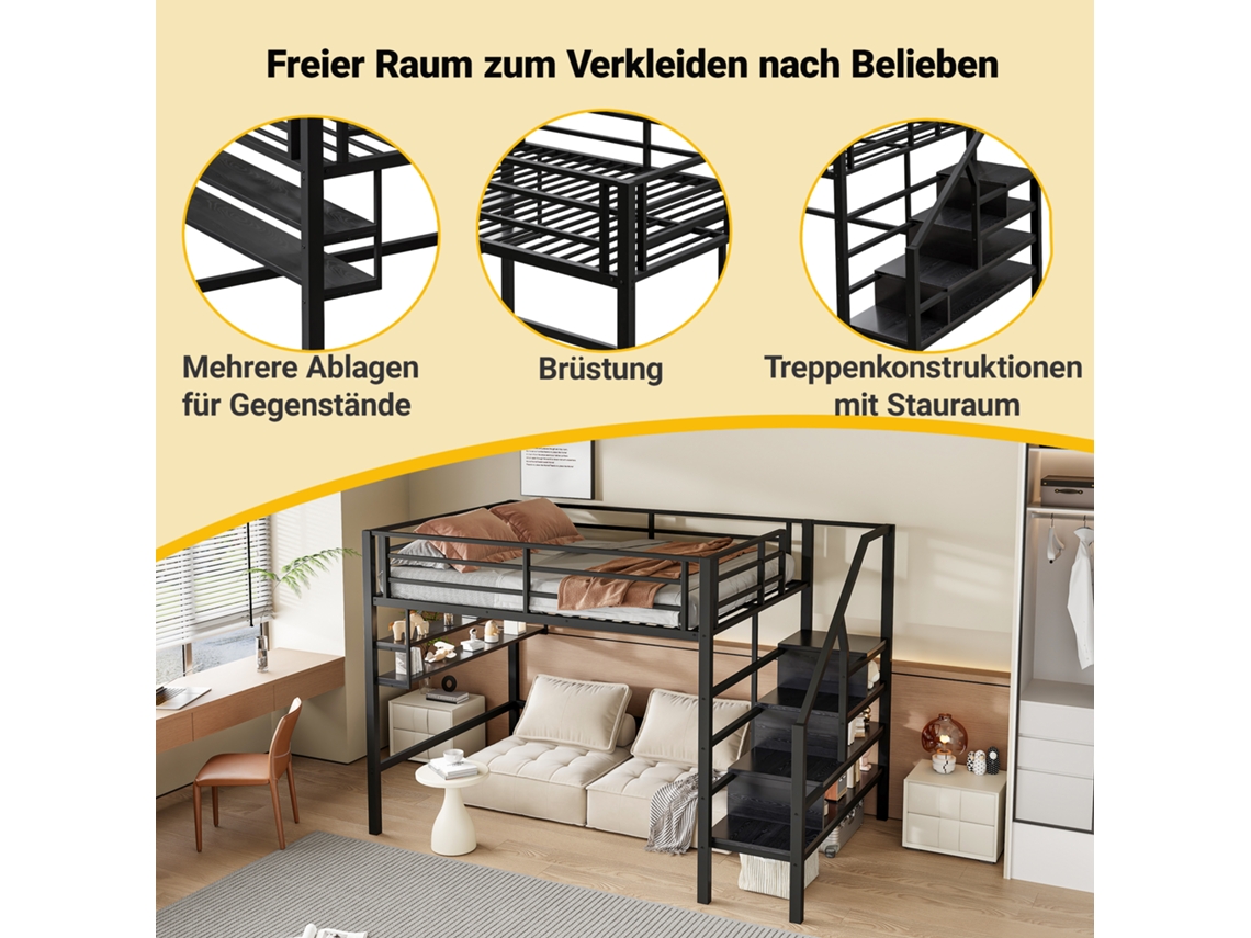 Cama Alta Multifuncional Prateleiras Escada Armazenamento Espaço Livre Pangshiyaun Metal Preto (160x225x145cm)