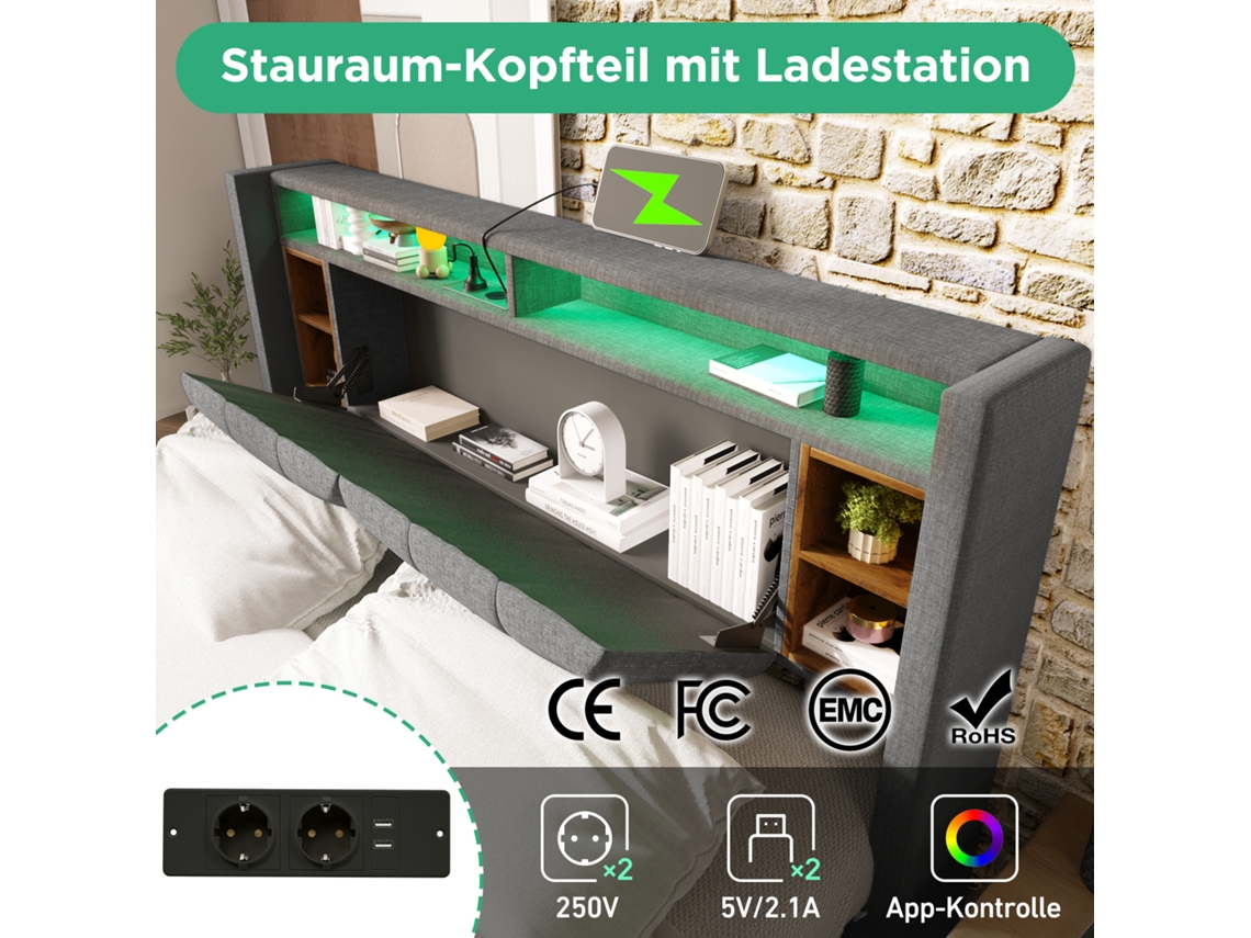 Cama Estofada Cama De Casal Armazenamento Cama De Cabeceira Com Carregamento Usb E Led Iluminação Bed Frame 160 200cm Cinzasem Colchão