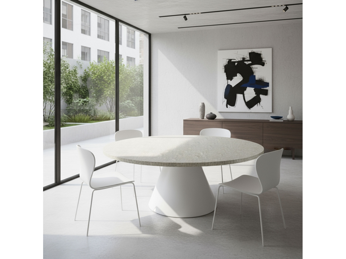 Artù White Mesa Redonda Ø120 Cm, Base Metálica Cônica e Almofada Madeira Texturizada Cinza Frankystar