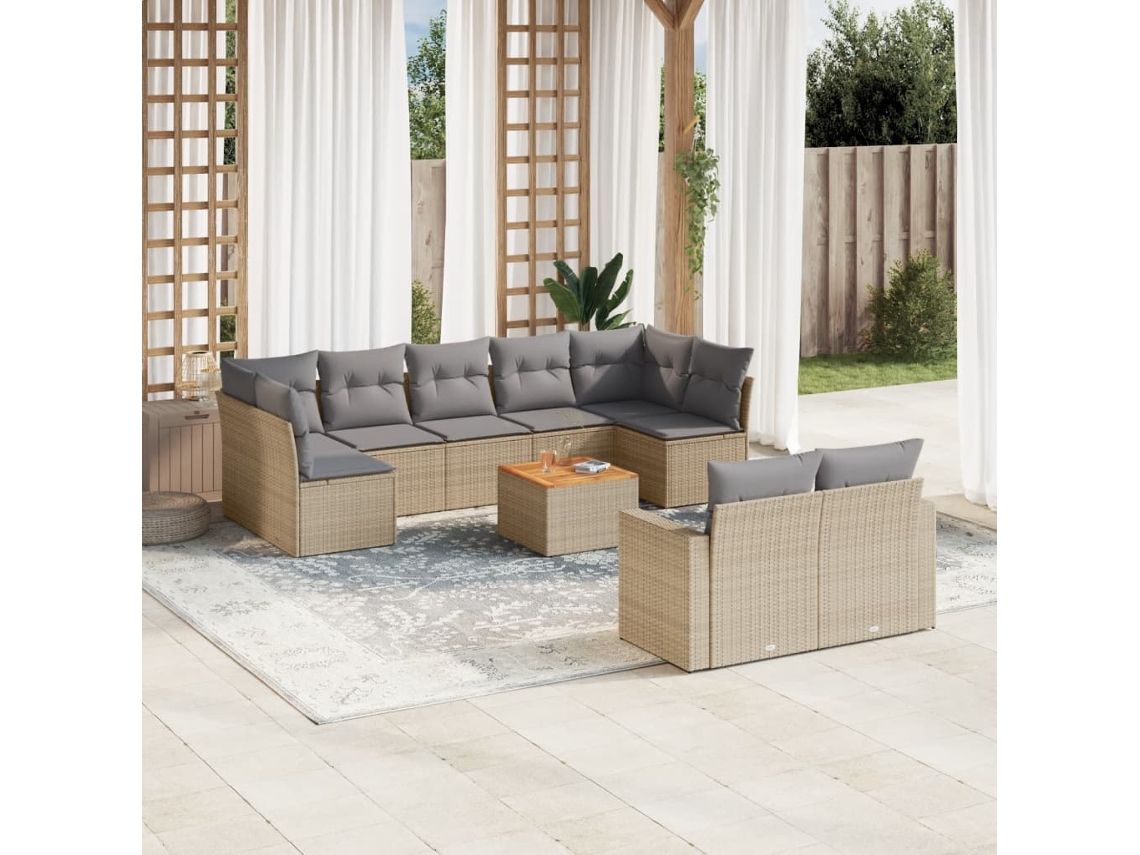 Conjunto 10 de sofás p/ jardim com almofadões VIDAXL vime PE bege