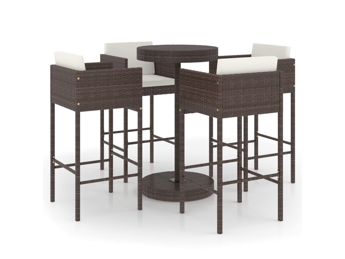 Conjunto de Bar de Jardim de 5 Peças com Almofadas de Vime Sintético Marrom