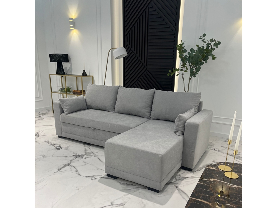 Sofá Cama 3 Lugares BUDWING Leah Cinza Claro + Chaise Longue (233 x 140 x 69 cm - Reversível Lado Direito/Esquerdo)