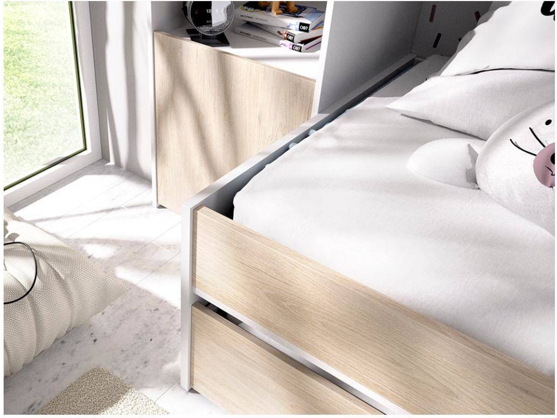 Cama dupla com gaveta SELENA VENTE-UNIQUE Natural claro 90x190 cm - Com colchão - Com sommier