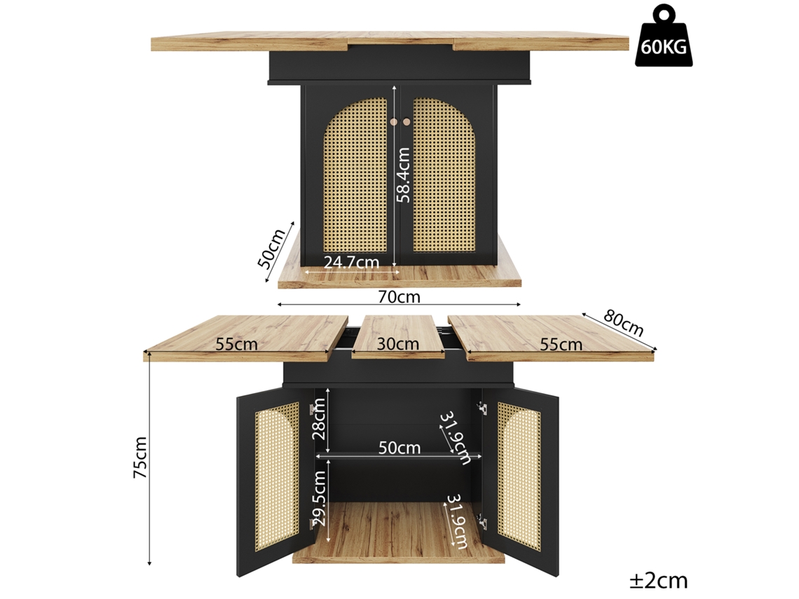 Mesa De Jantar Telescópica Dobrável 110 140x80cm Para 4 6 Pessoas,mesa Extensível Econômica Com Portas De Rattan Pe Para Cozinha E Sala Echo