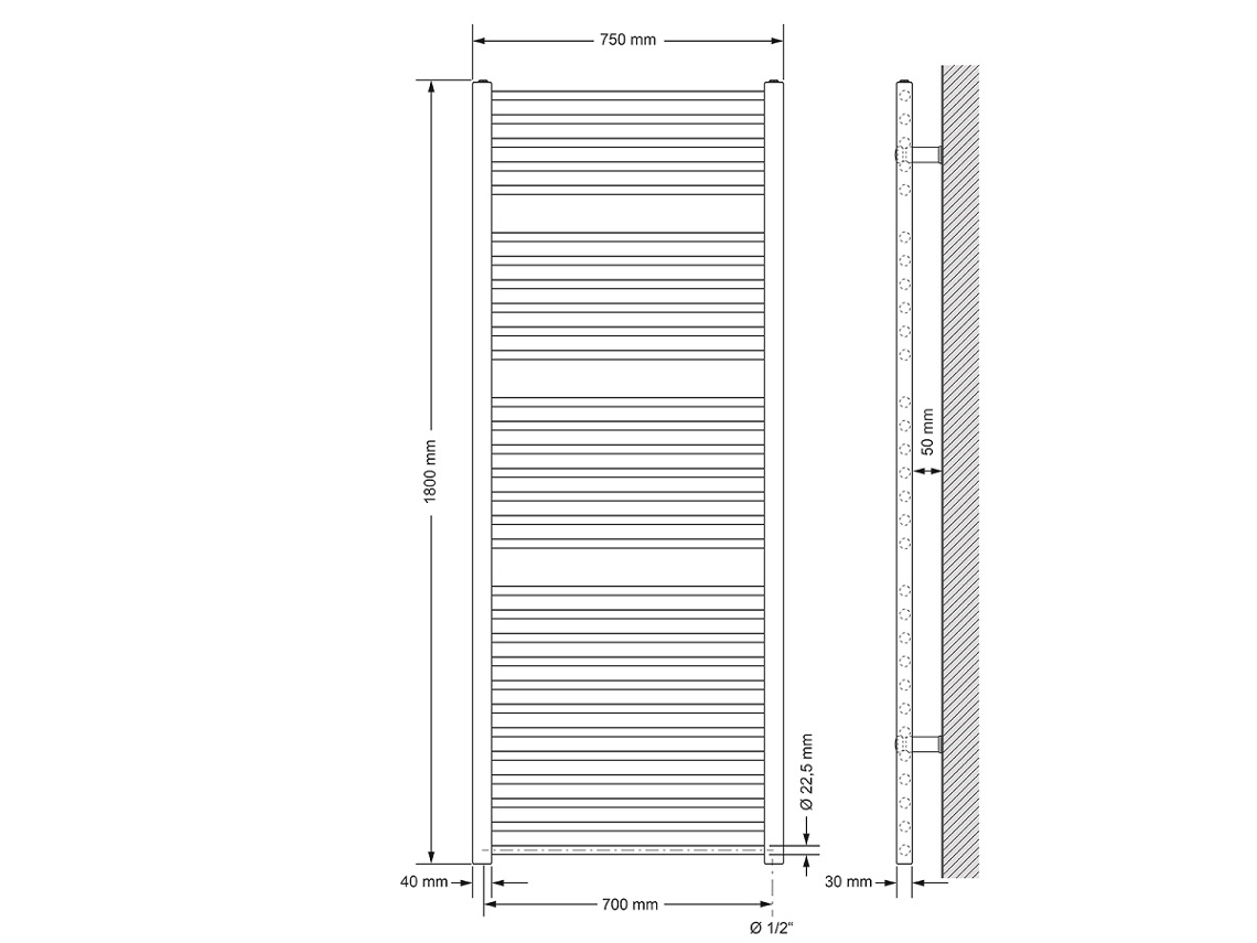 Radiador Elétrico de Toalheiro Aquecido 900W 750 X 1800 Mm Branco Ecd Germany LUXEBATH