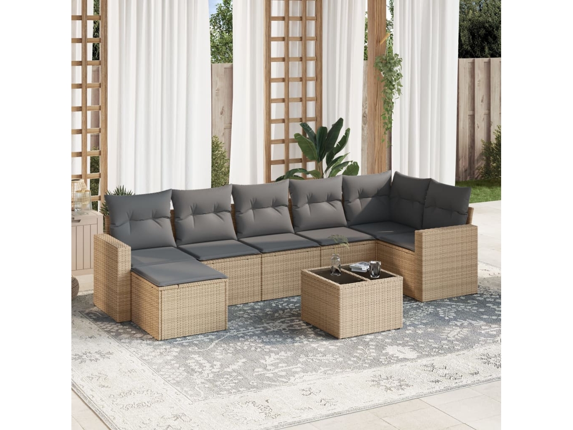 Conjunto 8 de sofás p/ jardim VIDAXL com almofadões vime PE bege