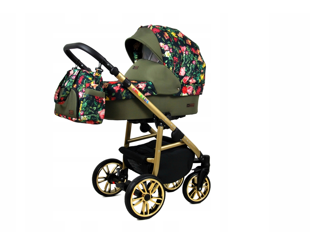 Carrinho de Bebé Multifuncional BABYLUX CLASSIC GOLD 4 Em 1 -Roses With Tulips On Black GOLD FRAME - Ajustável e dobrável Construção leve em alumínio