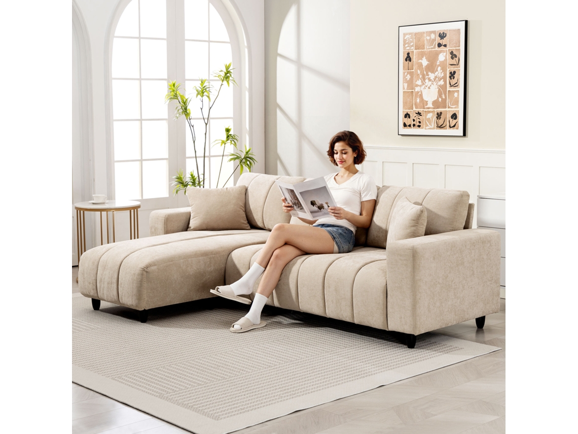 Sofá Chaise Longue Linho Sintético Cor Bege 242x156x87 Cm Homcom