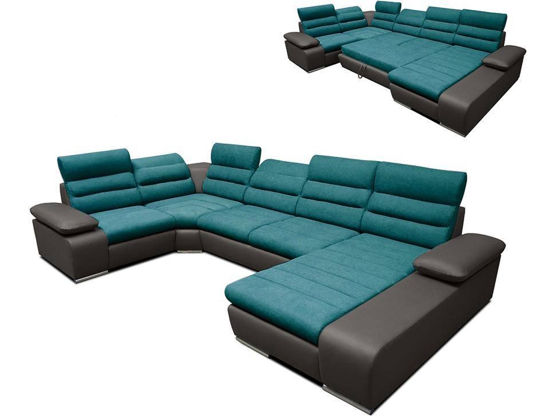 Sofá Cama Boileau VENTE-UNIQUE (Cinza Antracite e Azul Turquesa - Pele sintética - 362x217x100 cm/Dimensões da cama: 120 – 139 cm)