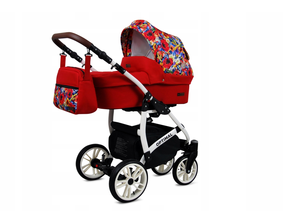Carrinho De Bebé Multifuncional Babylux Optimal 4 Em 1 -red Tulips White Frame - Ajustável E Dobrável Construção Leve Em Alumínio - Acessórios