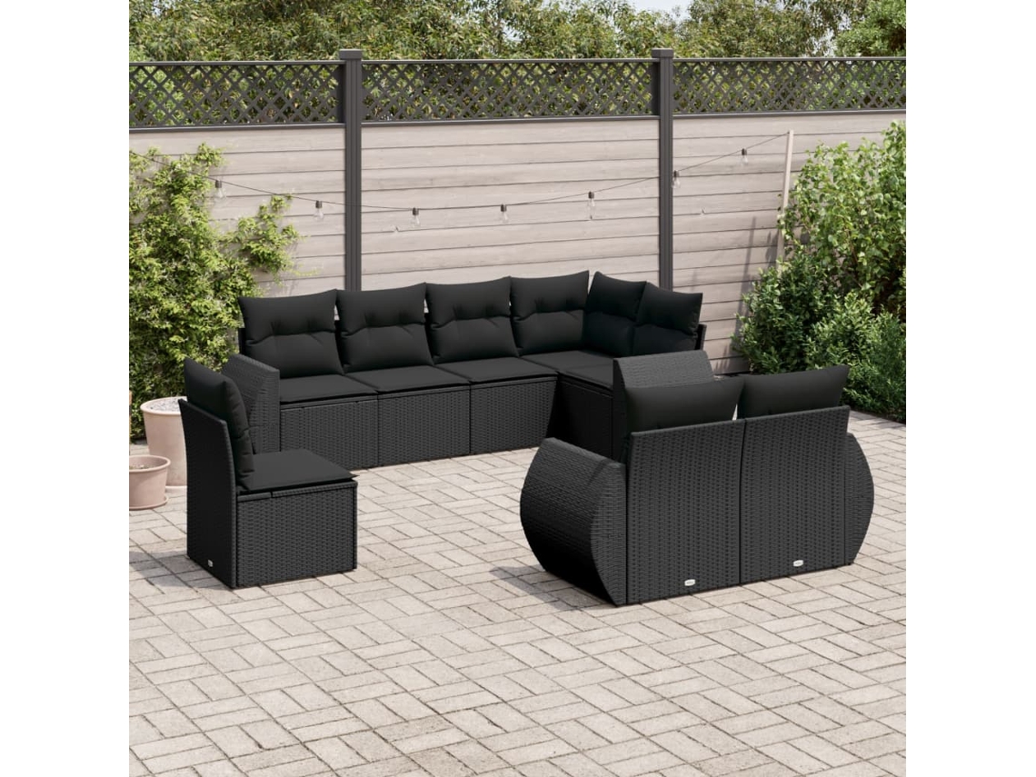 Conjunto 8 sofás de jardim com almofadões VIDAXL vime PE preto