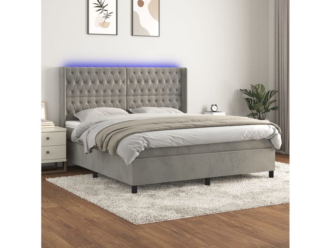 Cama Box Spring VIDAXL Colchão/LED (Cinzento - Veludo - 180 x 200 cm)