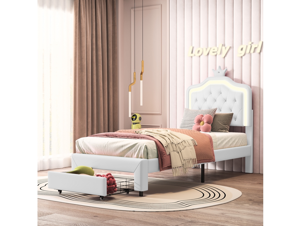 Cama De Princesa Branca Com Coroa E Luz Led, 90x200cm, Cama De Criança Com Gaveta De Armazenamento E Estrutura Em Pu