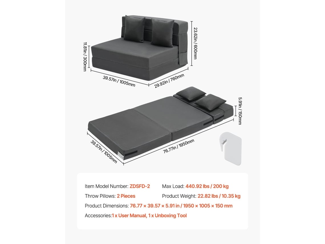 Vevor Sofá-cama Dobrável 3 Em 1 1950 X 1005 X 150 Mm Com 2 Almofadas Cinza Escuro