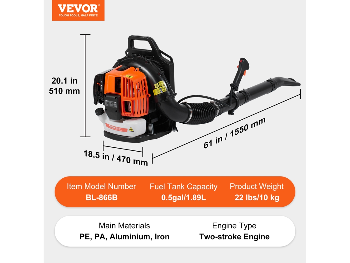 Ventilador de Folhas de Mochila VEVOR 62Cc Ventilador de Folhas de Gás de 2 Ciclos 1110Cfm Volume de Ar