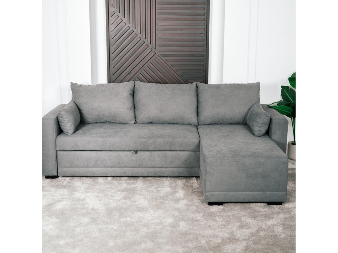 Sofá Cama 3 Lugares BUDWING Leah Cinza Escuro + Chaise Longue (233 x 140 x 69 cm - Reversível Lado Direito/Esquerdo)