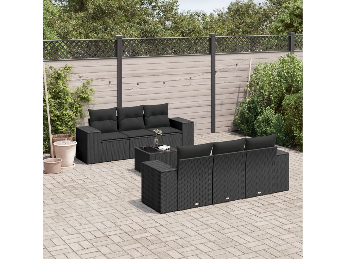 Conjunto 7 de sofás p/ jardim c/ almofadões VIDAXL vime PE preto