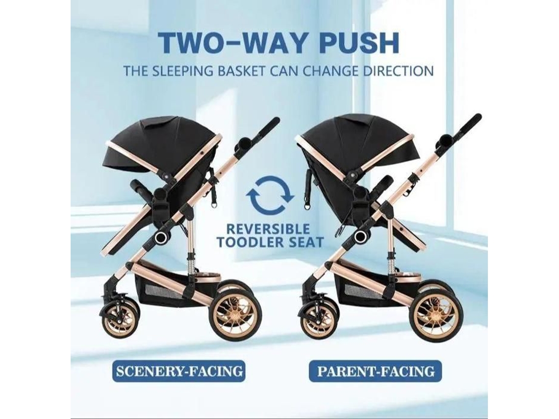 Bazarlândia30. Carrinho de bebê 3 em 1, assento de carro combinado, nacela, trio, reversível, alta qualidade, rodas inquebráveis, cana. Preto e dourado.