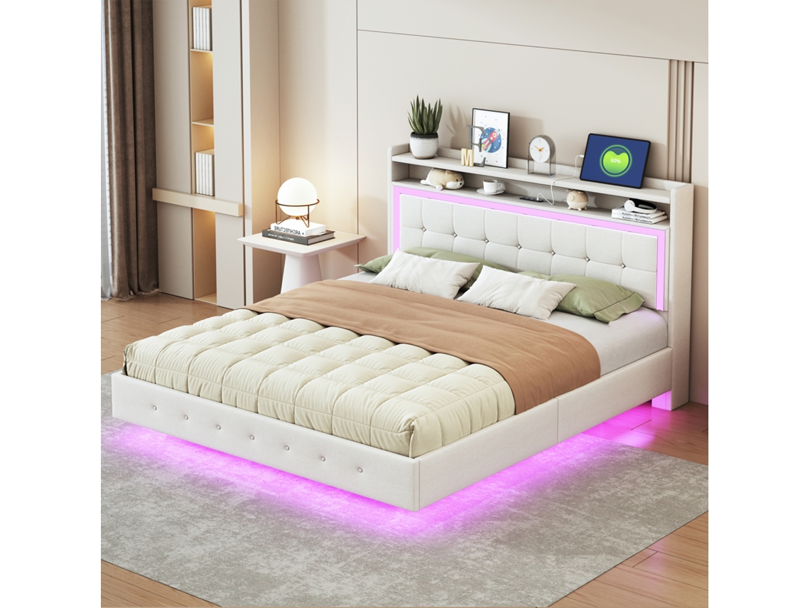 Cama Estofada 160x200cm - Com Tomada Usb E Led - Tecido De Linho - Bege