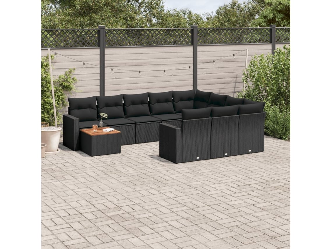 Conjunto 11 sofás de jardim c/ almofadões VIDAXL vime PE preto