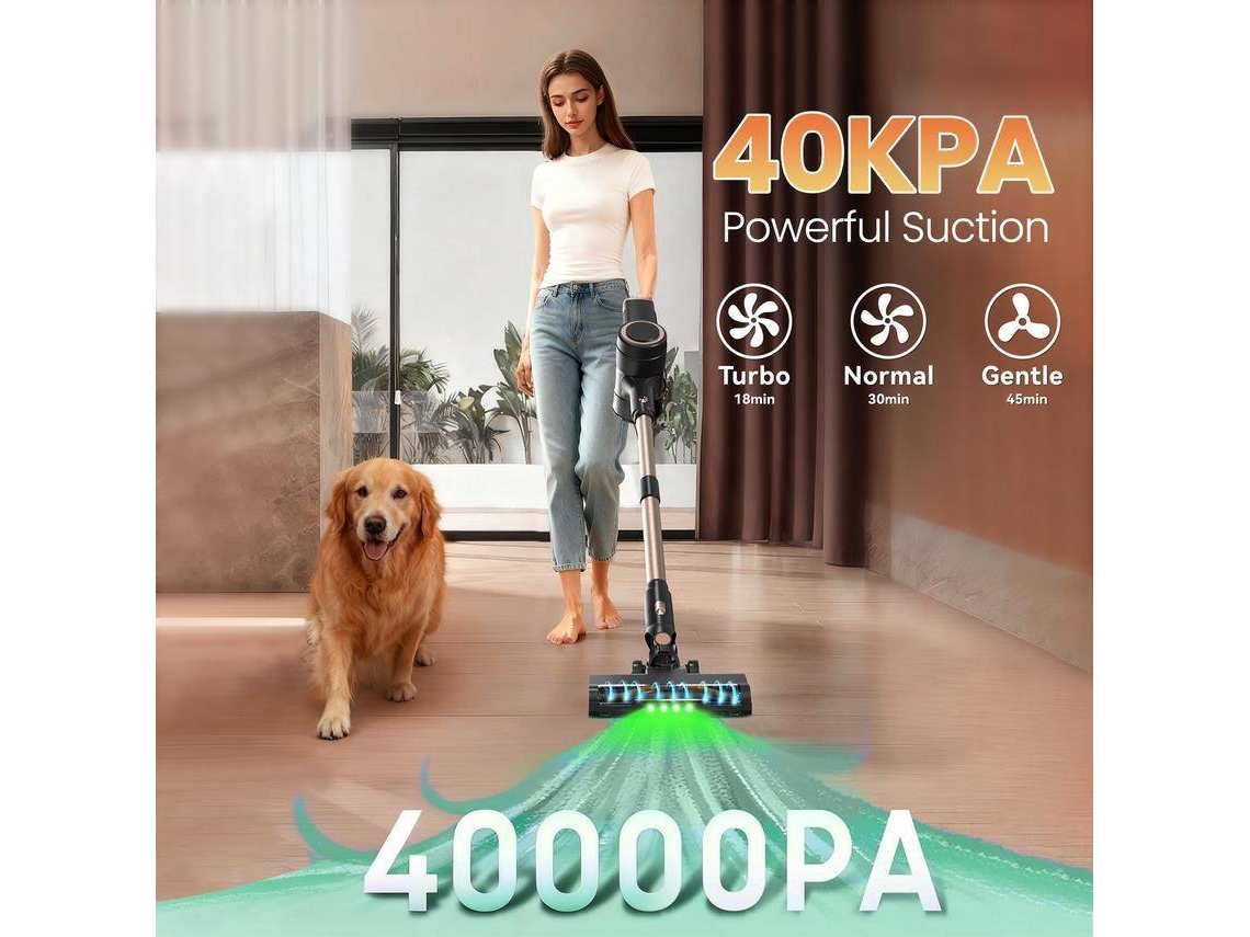 Aspirador vertical sem fios 6 Em 1, 40KPa–3 velocidades–LED Verde–45min– depósito 1.5L-anti-emaranhamento–para todos os pisos
