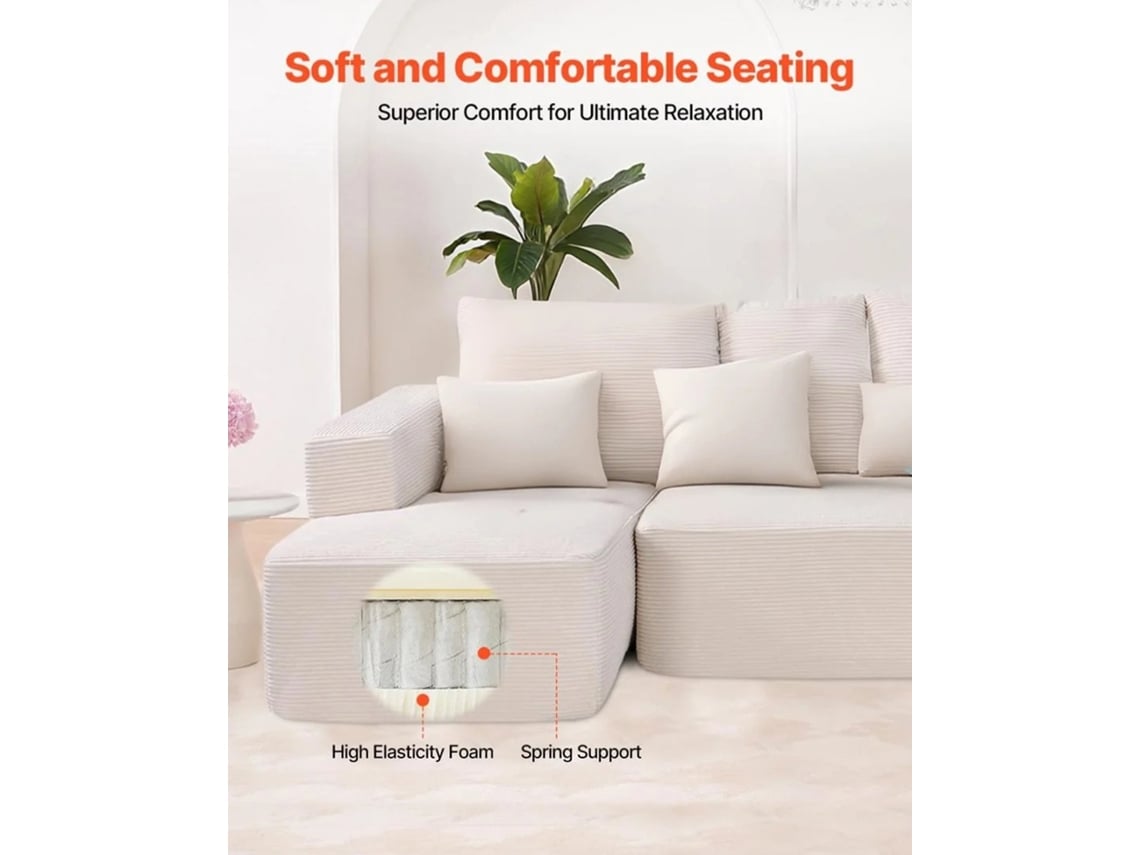 Sofá Modular Secional Em Forma De L Vevor 2680 X 1650 X 570 Mm Com Almofada, Bege