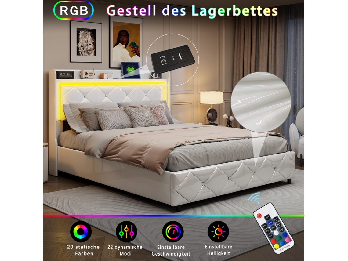 Cama Estofada, Cama De Casal Com Arrumação Hidráulica Em Led, Revestimento Em Pele Sintética Com Função De Carregamento, 140x200cm, Branca