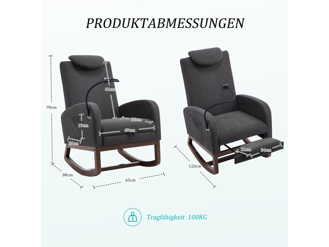 Poltrona De Balanço Corduroy Com Apoio Cabeça, Pés Retráteis, Bolsos E Suporte Celular, Madeira Haochrymec (65x88x99 Cm)