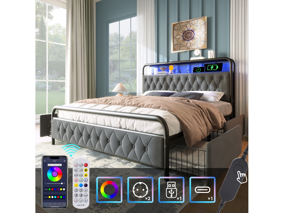 Cama Estofada Cama De Casal Com Usb Tipo C Led Bed Frame Metal Bed 140×200 Bed Frame And 4 Drawers, Velvet With Mattress