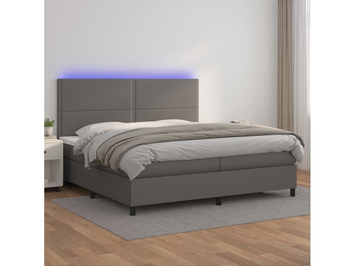 Cama Box Spring VIDAXL Colchão/LED (Cinzento - Couro Artificial - 200 x 200 cm)