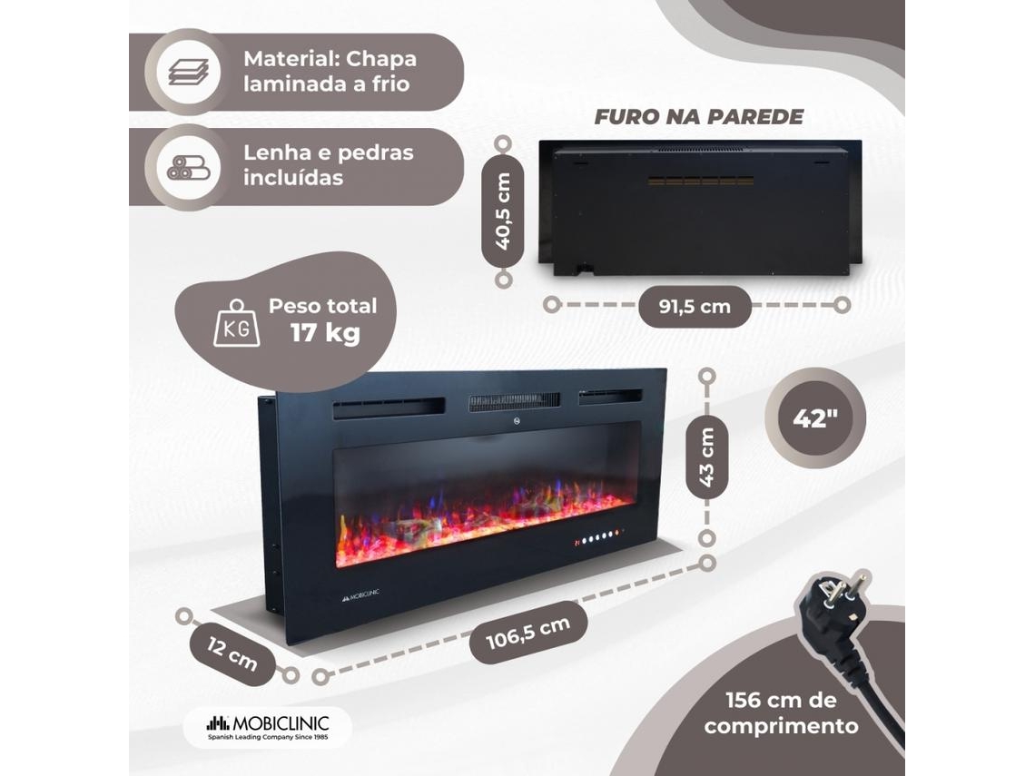 Lareira elétrica Mobiclinic Salamandra de parede 106,5 x 12 x 43 cm Potência 1800W Chama 3D Proteção contra superaquecimento Temporizador Fury