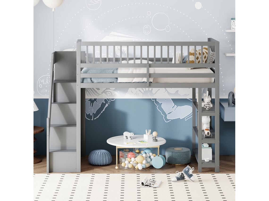 Cama Loft 90 X 200, Armário Alto Design De Segurança Com Guarda-roupa, Cama De Madeira, Berço, Cama De Solteiro, Cinza