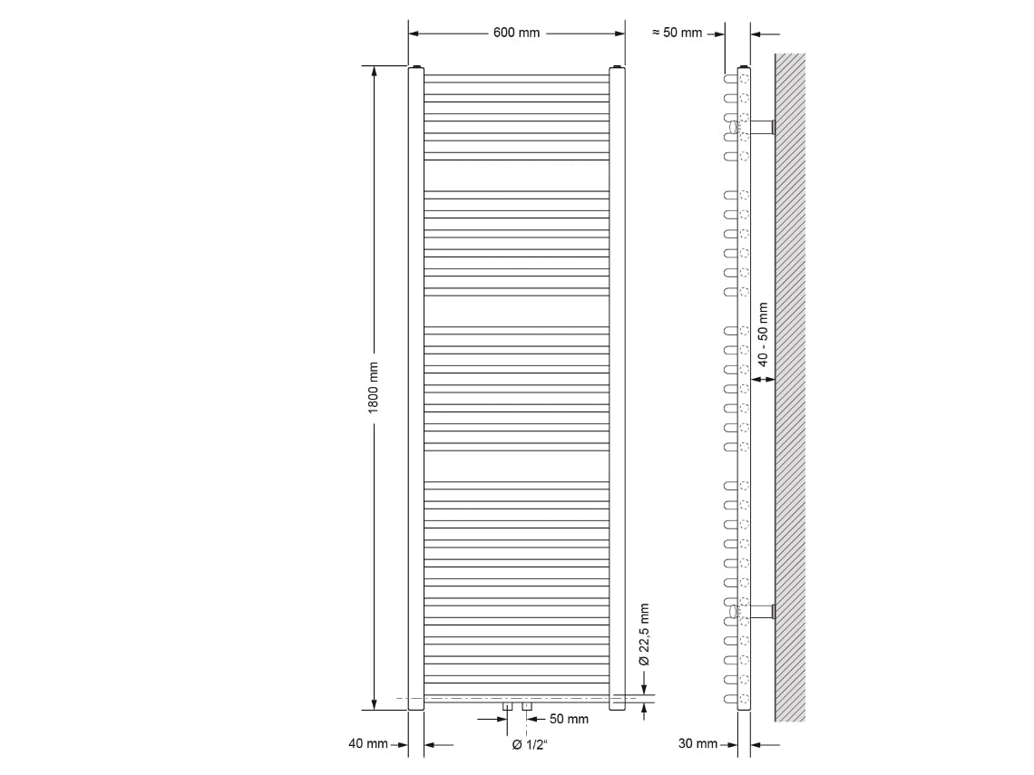Radiador De Casa De Banho 600x1800 Mm Branco, Curvo Luxebath