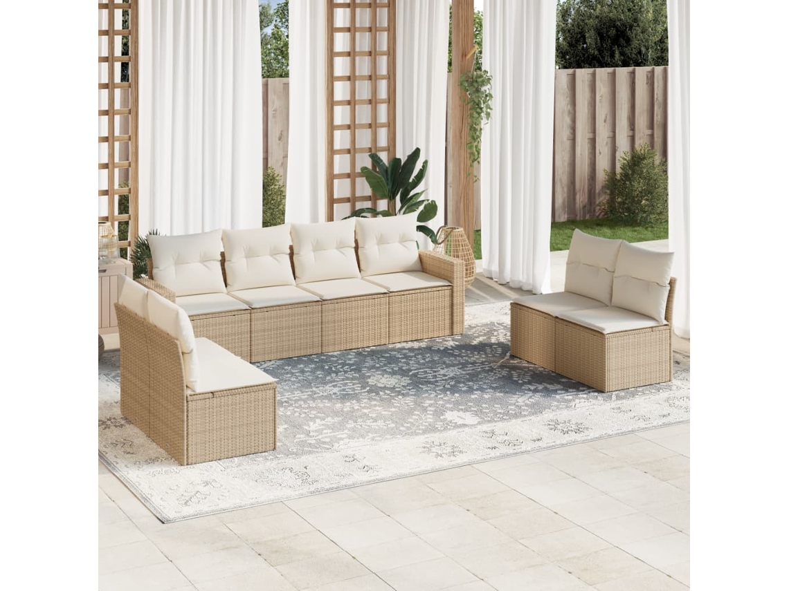 Conjunto 8 de sofás p/ jardim VIDAXL com almofadões vime PE bege