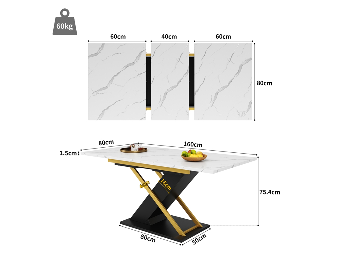 Mesa De Jantar Extensível Com Tampo Em Mdf, Pernas Cruzadas Douradas, Moderna Pangshiyuan (120 160x80cm)