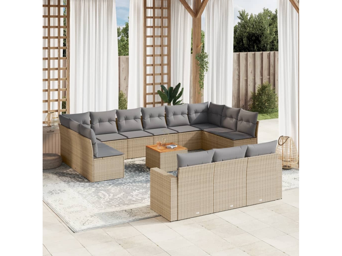 Conjunto 14 de sofás p/ jardim com almofadões VIDAXL vime PE bege