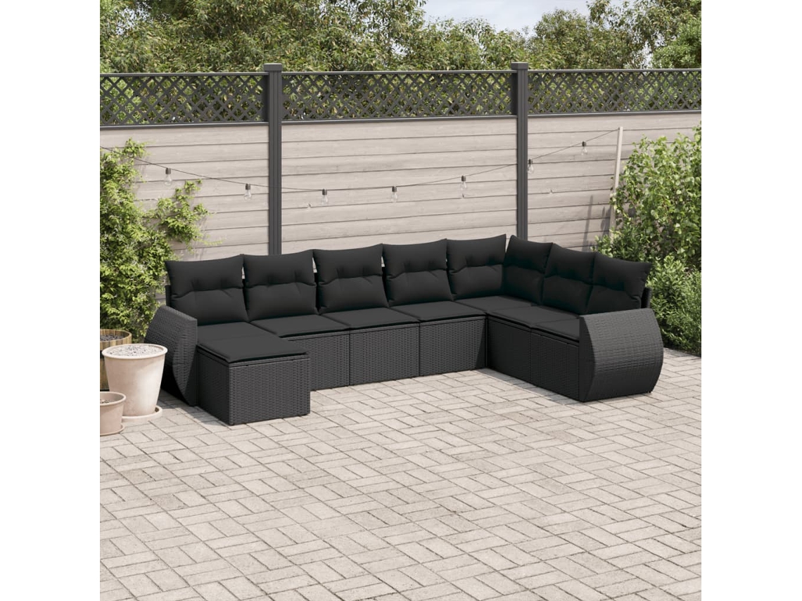 Conjunto 8 sofás de jardim VIDAXL com almofadões vime PE preto